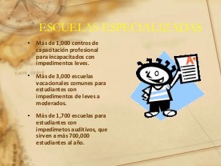 ESCUELAS ESPECIALIZADAS
• Más de 1,000 centros de
capacitación profesional
para incapacitados con
impedimentos leves.
• Más de 3,000 escuelas
vocacionales comunes para
estudiantes con
impedimentos de leves a
moderados.
• Más de 1,700 escuelas para
estudiantes con
impedimetos auditivos, que
sirven a más 700,000
estudiantes al año.
 