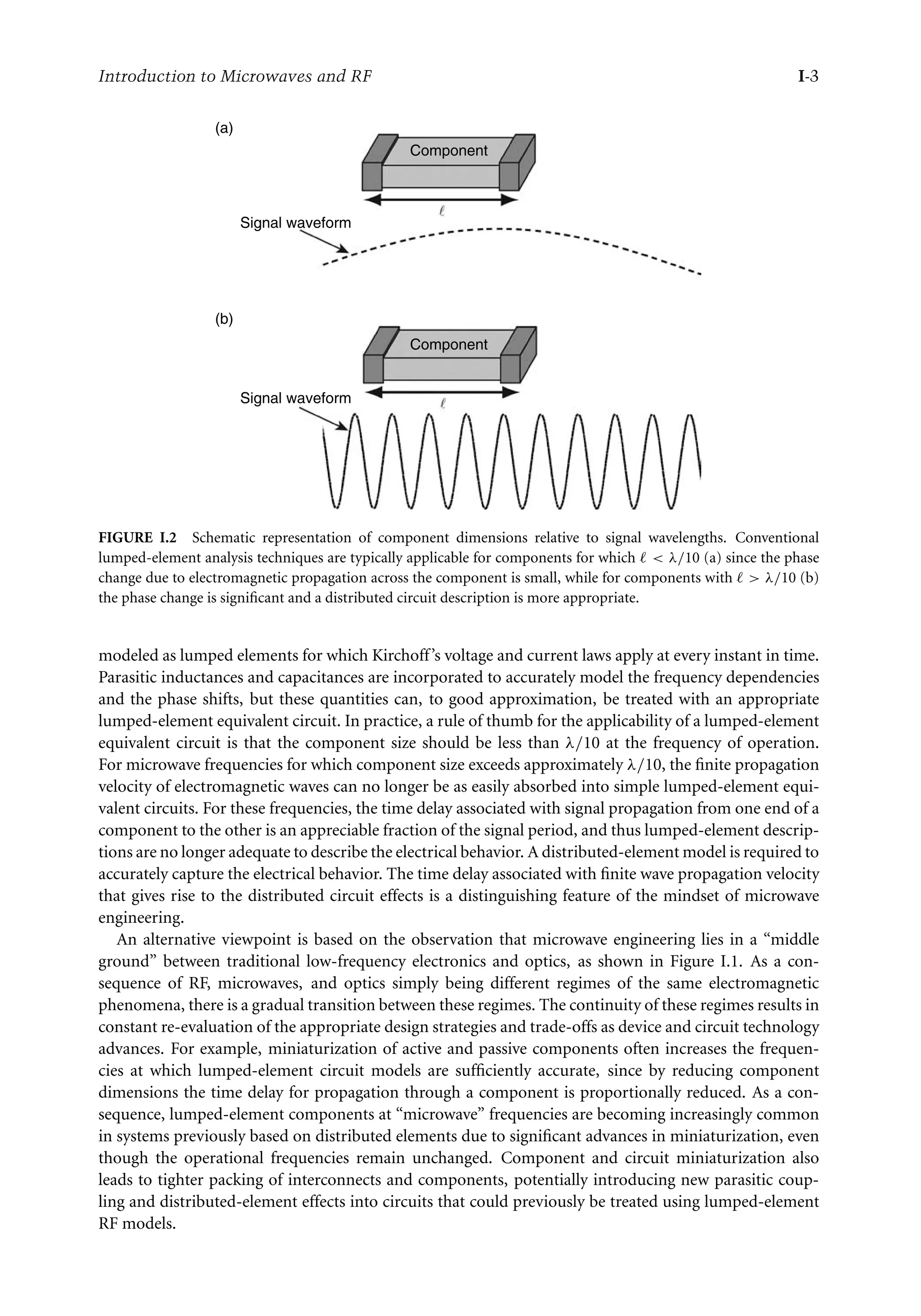 7218: “intro” — 2007/8/28 — 18:10 — page 3 — #3
Introduction to Microwaves and RF I-3
Component
Signal waveform
Component
Signal waveform
(a)
(b)
FIGURE I.2 Schematic representation of component dimensions relative to signal wavelengths. Conventional
lumped-element analysis techniques are typically applicable for components for which   λ/10 (a) since the phase
change due to electromagnetic propagation across the component is small, while for components with   λ/10 (b)
the phase change is significant and a distributed circuit description is more appropriate.
modeled as lumped elements for which Kirchoff’s voltage and current laws apply at every instant in time.
Parasitic inductances and capacitances are incorporated to accurately model the frequency dependencies
and the phase shifts, but these quantities can, to good approximation, be treated with an appropriate
lumped-element equivalent circuit. In practice, a rule of thumb for the applicability of a lumped-element
equivalent circuit is that the component size should be less than λ/10 at the frequency of operation.
For microwave frequencies for which component size exceeds approximately λ/10, the finite propagation
velocity of electromagnetic waves can no longer be as easily absorbed into simple lumped-element equi-
valent circuits. For these frequencies, the time delay associated with signal propagation from one end of a
component to the other is an appreciable fraction of the signal period, and thus lumped-element descrip-
tions are no longer adequate to describe the electrical behavior. A distributed-element model is required to
accurately capture the electrical behavior. The time delay associated with finite wave propagation velocity
that gives rise to the distributed circuit effects is a distinguishing feature of the mindset of microwave
engineering.
An alternative viewpoint is based on the observation that microwave engineering lies in a “middle
ground” between traditional low-frequency electronics and optics, as shown in Figure I.1. As a con-
sequence of RF, microwaves, and optics simply being different regimes of the same electromagnetic
phenomena, there is a gradual transition between these regimes. The continuity of these regimes results in
constant re-evaluation of the appropriate design strategies and trade-offs as device and circuit technology
advances. For example, miniaturization of active and passive components often increases the frequen-
cies at which lumped-element circuit models are sufficiently accurate, since by reducing component
dimensions the time delay for propagation through a component is proportionally reduced. As a con-
sequence, lumped-element components at “microwave” frequencies are becoming increasingly common
in systems previously based on distributed elements due to significant advances in miniaturization, even
though the operational frequencies remain unchanged. Component and circuit miniaturization also
leads to tighter packing of interconnects and components, potentially introducing new parasitic coup-
ling and distributed-element effects into circuits that could previously be treated using lumped-element
RF models.
 