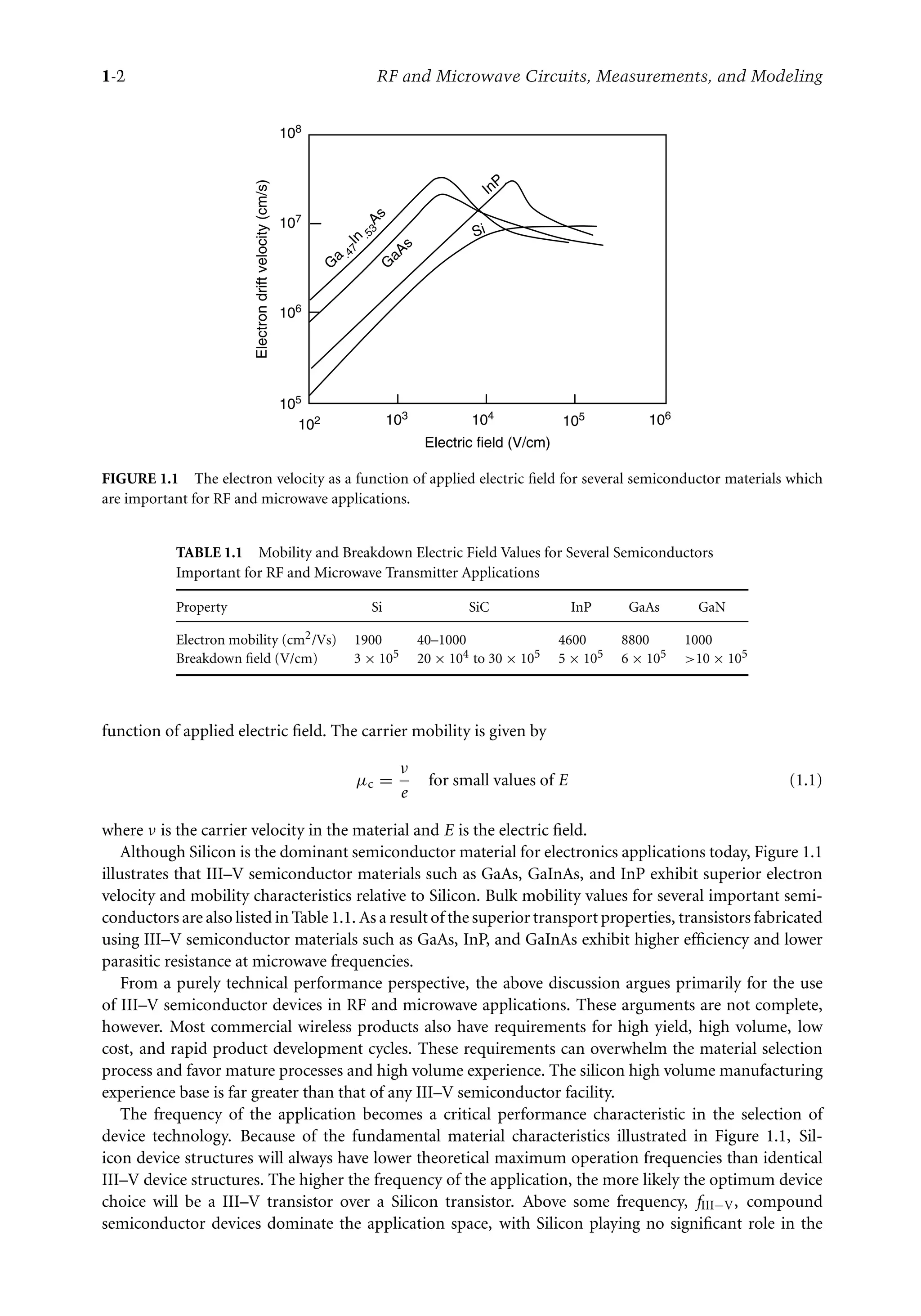 7218: “7218_c001” — 2007/8/13 — 19:43 — page 2 — #2
1-2 RF and Microwave Circuits, Measurements, and Modeling
102 103
104
105 106
105
106
107
108
Electric field (V/cm)
Electron
drift
velocity
(cm/s)
G
a
.
4
7
I
n
.
5
3
A
s
G
aAs
Si
InP
FIGURE 1.1 The electron velocity as a function of applied electric field for several semiconductor materials which
are important for RF and microwave applications.
TABLE 1.1 Mobility and Breakdown Electric Field Values for Several Semiconductors
Important for RF and Microwave Transmitter Applications
Property Si SiC InP GaAs GaN
Electron mobility (cm2/Vs) 1900 40–1000 4600 8800 1000
Breakdown field (V/cm) 3 × 105 20 × 104 to 30 × 105 5 × 105 6 × 105 10 × 105
function of applied electric field. The carrier mobility is given by
µc =
ν
e
for small values of E (1.1)
where ν is the carrier velocity in the material and E is the electric field.
Although Silicon is the dominant semiconductor material for electronics applications today, Figure 1.1
illustrates that III–V semiconductor materials such as GaAs, GaInAs, and InP exhibit superior electron
velocity and mobility characteristics relative to Silicon. Bulk mobility values for several important semi-
conductors are also listed in Table 1.1. As a result of the superior transport properties, transistors fabricated
using III–V semiconductor materials such as GaAs, InP, and GaInAs exhibit higher efficiency and lower
parasitic resistance at microwave frequencies.
From a purely technical performance perspective, the above discussion argues primarily for the use
of III–V semiconductor devices in RF and microwave applications. These arguments are not complete,
however. Most commercial wireless products also have requirements for high yield, high volume, low
cost, and rapid product development cycles. These requirements can overwhelm the material selection
process and favor mature processes and high volume experience. The silicon high volume manufacturing
experience base is far greater than that of any III–V semiconductor facility.
The frequency of the application becomes a critical performance characteristic in the selection of
device technology. Because of the fundamental material characteristics illustrated in Figure 1.1, Sil-
icon device structures will always have lower theoretical maximum operation frequencies than identical
III–V device structures. The higher the frequency of the application, the more likely the optimum device
choice will be a III–V transistor over a Silicon transistor. Above some frequency, fIII−V, compound
semiconductor devices dominate the application space, with Silicon playing no significant role in the
 
