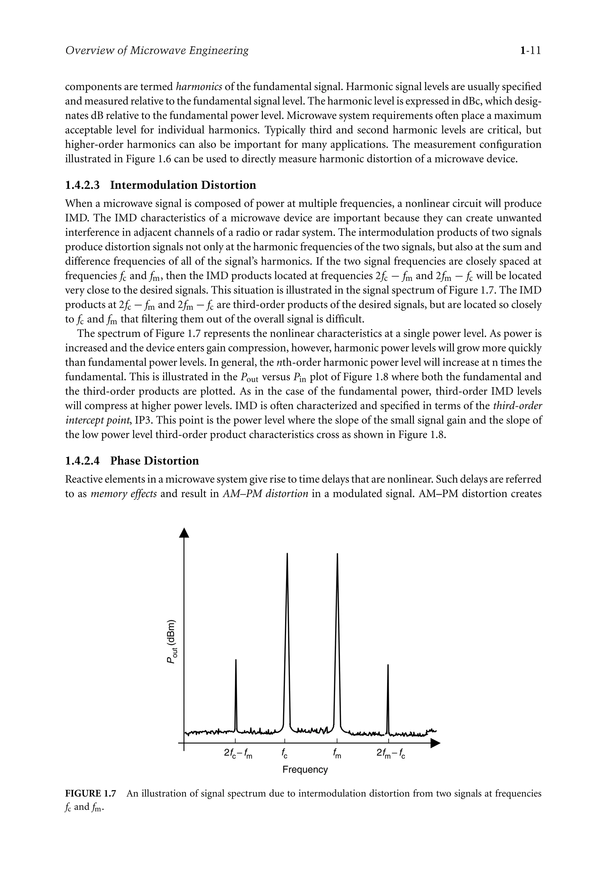 7218: “7218_c001” — 2007/8/13 — 19:43 — page 11 — #11
Overview of Microwave Engineering 1-11
components are termed harmonics of the fundamental signal. Harmonic signal levels are usually specified
and measured relative to the fundamental signal level. The harmonic level is expressed in dBc, which desig-
nates dB relative to the fundamental power level. Microwave system requirements often place a maximum
acceptable level for individual harmonics. Typically third and second harmonic levels are critical, but
higher-order harmonics can also be important for many applications. The measurement configuration
illustrated in Figure 1.6 can be used to directly measure harmonic distortion of a microwave device.
1.4.2.3 Intermodulation Distortion
When a microwave signal is composed of power at multiple frequencies, a nonlinear circuit will produce
IMD. The IMD characteristics of a microwave device are important because they can create unwanted
interference in adjacent channels of a radio or radar system. The intermodulation products of two signals
produce distortion signals not only at the harmonic frequencies of the two signals, but also at the sum and
difference frequencies of all of the signal’s harmonics. If the two signal frequencies are closely spaced at
frequencies fc and fm, then the IMD products located at frequencies 2fc − fm and 2fm − fc will be located
very close to the desired signals. This situation is illustrated in the signal spectrum of Figure 1.7. The IMD
products at 2fc − fm and 2fm − fc are third-order products of the desired signals, but are located so closely
to fc and fm that filtering them out of the overall signal is difficult.
The spectrum of Figure 1.7 represents the nonlinear characteristics at a single power level. As power is
increased and the device enters gain compression, however, harmonic power levels will grow more quickly
than fundamental power levels. In general, the nth-order harmonic power level will increase at n times the
fundamental. This is illustrated in the Pout versus Pin plot of Figure 1.8 where both the fundamental and
the third-order products are plotted. As in the case of the fundamental power, third-order IMD levels
will compress at higher power levels. IMD is often characterized and specified in terms of the third-order
intercept point, IP3. This point is the power level where the slope of the small signal gain and the slope of
the low power level third-order product characteristics cross as shown in Figure 1.8.
1.4.2.4 Phase Distortion
Reactive elements in a microwave system give rise to time delays that are nonlinear. Such delays are referred
to as memory effects and result in AM–PM distortion in a modulated signal. AM–PM distortion creates
Frequency
2fc− fm fm 2fm − fc
fc
P
out
(dBm)
FIGURE 1.7 An illustration of signal spectrum due to intermodulation distortion from two signals at frequencies
fc and fm.
 