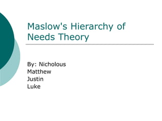 Maslow's Hierarchy of
Needs Theory
By: Nicholous
Matthew
Justin
Luke
 