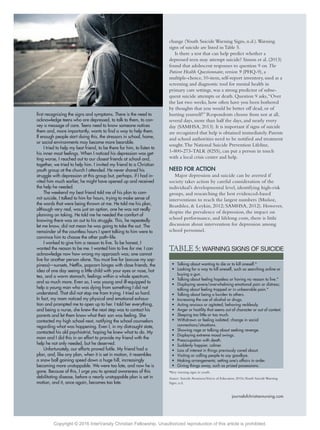 84 JCN/Volume 32, Number 2 journalofchristiannursing.com84 JCN/Volume 32, Number 2 journalofchristiannursing.com
change (Youth Suicide Warning Signs, n.d.).Warning
signs of suicide are listed in Table 5.
Is there a test that can help predict whether a
depressed teen may attempt suicide? Simon et al. (2013)
found that adolescent responses to question 9 on The
Patient Health Questionnaire, version 9 (PHQ-9), a
multiple-choice, 10-item, self-report inventory, used as a
screening and diagnostic tool for mental health in
primary care settings, was a strong predictor of subse-
quent suicide attempts or death. Question 9 asks,“Over
the last two weeks, how often have you been bothered
by thoughts that you would be better off dead, or of
hurting yourself?” Respondents choose from not at all,
several days, more than half the days, and nearly every
day (SAMHSA, 2013). It is important if signs of suicide
are recognized that help is obtained immediately. Parents
and school authorities need to be notiﬁed and treatment
sought.The National Suicide Prevention Lifeline,
1-800-273-TALK (8255), can put a person in touch
with a local crisis center and help.
NEED FOR ACTION
Major depression and suicide can be averted if
society takes action by careful consideration of the
individual’s developmental level, identifying high-risk
groups, and researching the best evidenced-based
interventions to reach the largest numbers (Muñoz,
Beardslee, & Leykin, 2012; SAMHSA, 2012). However,
despite the prevalence of depression, the impact on
school performance, and lifelong costs, there is little
discussion about intervention for depression among
school personnel.
TABLE 5: WARNING SIGNS OF SUICIDE
• Talking about wanting to die or to kill oneself.*
• Looking for a way to kill oneself, such as searching online or
buying a gun.
• Talking about feeling hopeless or having no reason to live.*
• Displaying severe/overwhelming emotional pain or distress;
talking about feeling trapped or in unbearable pain.*
• Talking about being a burden to others.
• Increasing the use of alcohol or drugs.
• Acting anxious or agitated; behaving recklessly.
• Anger or hostility that seems out of character or out of context.
• Sleeping too little or too much.
• Withdrawn or feeling isolated; change in social
connections/situations.
• Showing rage or talking about seeking revenge.
• Displaying extreme mood swings.
• Preoccupation with death.
• Suddenly happier, calmer.
• Loss of interest in things previously cared about.
• Visiting or calling people to say goodbye.
• Making arrangements; setting one’s affairs in order.
• Giving things away, such as prized possessions.
*Key warning signs in youth.
Sources: Suicide AwarenessVoices of Education, 2015c;Youth Suicide Warning
Signs, n.d.
ﬁrst recognizing the signs and symptoms. There is the need to
acknowledge teens who are depressed, to talk to them, to con-
vey a message of care. Teens need to know someone notices
them and, more importantly, wants to ﬁnd a way to help them.
If enough people start doing this, the stressors in school, home,
or social environments may become more bearable.
I tried to help my best friend, to be there for him, to listen to
his inner most feelings. When I noticed his depression was get-
ting worse, I reached out to our closest friends at school and,
together, we tried to help him. I invited my friend to a Christian
youth group at the church I attended. He never shared his
struggle with depression at this group but, perhaps, if I had in-
vited him much earlier, he might have opened up and received
the help he needed.
The weekend my best friend told me of his plan to com-
mit suicide, I talked to him for hours, trying to make sense of
the words that were being thrown at me. He told me his plan,
although very real, was just an option, one he was not really
planning on taking. He told me he needed the comfort of
knowing there was an out to his struggle. This, he repeatedly
let me know, did not mean he was going to take the out. The
remainder of the countless hours I spent talking to him were to
convince him to choose the other path–life.
I worked to give him a reason to live. To be honest, I
wanted the reason to be me. I wanted him to live for me. I can
acknowledge now how wrong my approach was; one cannot
live for another person alone. You must live for (excuse my sap-
piness)—sunsets, Netﬂix, popcorn binges with close friends, the
idea of one day seeing a little child with your eyes or nose, hot
tea, and a warm stomach; feelings within a whole spectrum,
and so much more. Even so, I was young and ill-equipped to
help a young man who was dying from something I did not
understand. That did not stop me from trying. I tried so hard.
In fact, my mom noticed my physical and emotional exhaus-
tion and prompted me to open up to her. I told her everything,
and being a nurse, she knew the next step was to contact his
parents and let them know what their son was feeling. She
contacted my high school next, notifying the school counselors
regarding what was happening. Even I, in my distraught state,
contacted his old psychiatrist, hoping he knew what to do. My
mom and I did this in an effort to provide my friend with the
help he not only needed, but he deserved.
Unfortunately, our efforts proved futile. My friend had a
plan, and, like any plan, when it is set in motion, it resembles
a snow ball gaining speed down a huge hill, increasingly
becoming more unstoppable. We were too late, and now he is
gone. Because of this, I urge you to spread awareness of this
debilitating disease, before a nearly unstoppable plan is set in
motion, and it, once again, becomes too late.
Copyright © 2016 InterVarsity Christian Fellowship. Unauthorized reproduction of this article is prohibited.
 