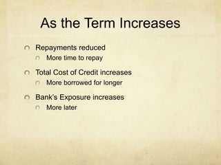 As the Term Increases
Repayments reduced
More time to repay
Total Cost of Credit increases
More borrowed for longer
Bank’s Exposure increases
More later
 