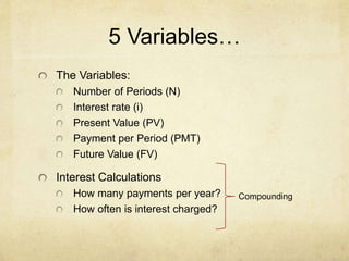5 Variables…
The Variables:
Number of Periods (N)
Interest rate (i)
Present Value (PV)
Payment per Period (PMT)
Future Value (FV)
Interest Calculations
How many payments per year?
How often is interest charged?
Compounding
 