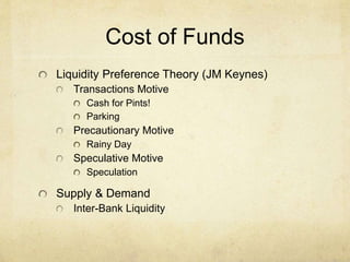 Cost of Funds
Liquidity Preference Theory (JM Keynes)
Transactions Motive
Cash for Pints!
Parking
Precautionary Motive
Rainy Day
Speculative Motive
Speculation
Supply & Demand
Inter-Bank Liquidity
 