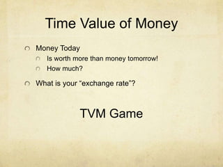 Time Value of Money
Money Today
Is worth more than money tomorrow!
How much?
What is your “exchange rate”?
TVM Game
 