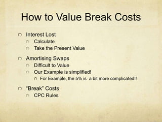 How to Value Break Costs
Interest Lost
Calculate
Take the Present Value
Amortising Swaps
Difficult to Value
Our Example is simplified!
For Example, the 5% is a bit more complicated!!
“Break” Costs
CPC Rules
 