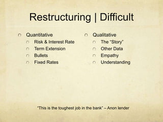 Restructuring | Difficult
Quantitative
Risk & Interest Rate
Term Extension
Bullets
Fixed Rates
Qualitative
The “Story”
Other Data
Empathy
Understanding
“This is the toughest job in the bank” – Anon lender
 