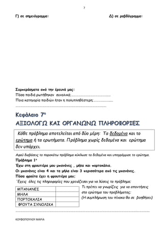 7
ΚΟΥΦΟΠΟΥΛΟΥ ΜΑΡΙΑ
Γ) σε σημειόγραμμα: Δ) σε ραβδόγραμμα:
Συμπεράσματα από την έρευνά μας:
Πόσα παιδιά ρωτήθηκαν συνολικά;……………………………………….…
Ποια κατηγορία παιδιών ήταν η πολυπληθέστερη;………….……..…
……………………………………………………………………………………………….….
Κάθε πρόβλημα αποτελείται από δύο μέρη: Τα δεδομένα και το
ερώτημα ή τα ερωτήματα. Πρόβλημα χωρίς δεδομένα και ερώτημα
δεν υπάρχει.
Αφού διαβάσεις το παρακάτω πρόβλημα κύκλωσε τα δεδομένα και υπογράμμισε το ερώτημα.
Πρόβλημα 1ο
Έχω στη φρουτιέρα μου μπανάνες , μήλα και πορτοκάλια.
Οι μπανάνες είναι 4 και τα μήλα είναι 3 περισσότερα από τις μπανάνες.
Πόσα φρούτα έχει η φρουτιέρα μου;
΄Εχεις όλες τις πληροφορίες που χρειάζεσαι για να λύσεις το πρόβλημα;
Τι πρέπει να γνωρίζεις για να απαντήσεις
στο ερώτημα του προβλήματος;
(Η συμπλήρωση του πίνακα θα σε βοηθήσει)
…………………………………………………………………………………………………………………………………….…………….
ΜΠΑΝΑΝΕΣ
ΜΗΛΑ
ΠΟΡΤΟΚΑΛΙΑ
ΦΡΟΥΤΑ ΣΥΝΟΛΙΚΑ
 