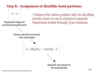 Step 8: Assignment of disulfide bond positions
• Cleave the native protein with its disulfide
bonds intact so as to contain 2 peptide
fragments linked through Cys residues
104
 