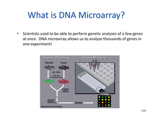 What is DNA Microarray?
• Scientists used to be able to perform genetic analyses of a few genes
at once. DNA microarray allows us to analyze thousands of genes in
one experiment!
110
 