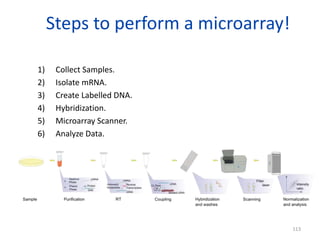 Steps to perform a microarray!
1) Collect Samples.
2) Isolate mRNA.
3) Create Labelled DNA.
4) Hybridization.
5) Microarray Scanner.
6) Analyze Data.
113
 