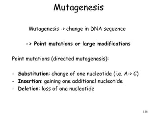 Mutagenesis
Mutagenesis -> change in DNA sequence
-> Point mutations or large modifications
Point mutations (directed mutagenesis):
- Substitution: change of one nucleotide (i.e. A-> C)
- Insertion: gaining one additional nucleotide
- Deletion: loss of one nucleotide
128
 