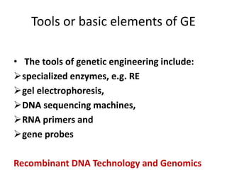 Tools or basic elements of GE
• The tools of genetic engineering include:
specialized enzymes, e.g. RE
gel electrophoresis,
DNA sequencing machines,
RNA primers and
gene probes
Recombinant DNA Technology and Genomics
 