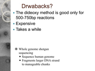 Drwabacks?
 The dideoxy method is good only for
500-750bp reactions
 Expensive
 Takes a while
 Whole genome shotgun
sequencing
 Sequence human genome
 Fragments larger DNA strand
to manageable chunks
 