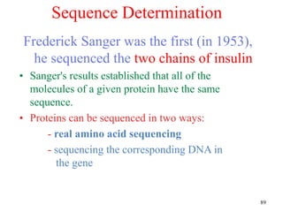 Sequence Determination
Frederick Sanger was the first (in 1953),
he sequenced the two chains of insulin
• Sanger's results established that all of the
molecules of a given protein have the same
sequence.
• Proteins can be sequenced in two ways:
- real amino acid sequencing
- sequencing the corresponding DNA in
the gene
89
 