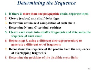 Determining the Sequence
1. If there is more than one polypeptide chain, separate them
2. Cleave (reduce) any disulfide bridges
3. Determine amino acid composition of each chain
4. Determine N- and C-terminal residues
5. Cleave each chain into smaller fragments and determine the
sequence of each chain
6. Repeat step 5, using a different cleavage procedure to
generate a different set of fragments
7. Reconstruct the sequence of the protein from the sequences
of overlapping fragments
8. Determine the positions of the disulfide cross-links
91
 
