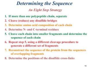 Determining the Sequence
An Eight Step Strategy
1. If more than one polypeptide chain, separate
2. Cleave (reduce) any disulfide bridges
3. Determine amino acid composition of each chain
4. Determine N- and C-terminal residues
5. Cleave each chain into smaller fragments and determine the
sequence of each chain
6. Repeat step 5, using a different cleavage procedure to
generate a different set of fragments
7. Reconstruct the sequence of the protein from the sequences
of overlapping fragments
8. Determine the positions of the disulfide cross-links
94
 