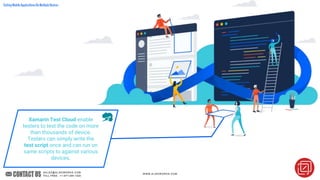 Xamarin Test Cloud enable
testers to test the code on more
than thousands of device.
Testers can simply write the
test script once and can run on
same scripts to against various
devices.
TestingMobileApplicationsOnMultipleDevices
 