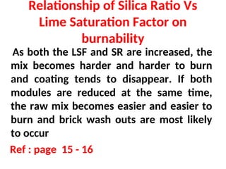 Relationship of Silica Ratio Vs
Lime Saturation Factor on
burnability
As both the LSF and SR are increased, the
mix becomes harder and harder to burn
and coating tends to disappear. If both
modules are reduced at the same time,
the raw mix becomes easier and easier to
burn and brick wash outs are most likely
to occur
Ref : page 15 - 16
 
