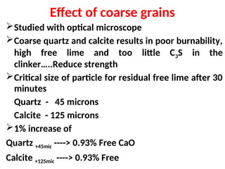 Effect of coarse grains
Studied with optical microscope
Coarse quartz and calcite results in poor burnability,
high free lime and too little C3S in the
clinker…..Reduce strength
Critical size of particle for residual free lime after 30
minutes
Quartz - 45 microns
Calcite - 125 microns
1% increase of
Quartz +45mic ----> 0.93% Free CaO
Calcite +125mic ----> 0.93% Free
 