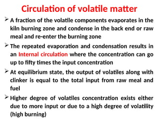 Circulation of volatile matter
 A fraction of the volatile components evaporates in the
kiln burning zone and condense in the back end or raw
meal and re-enter the burning zone
 The repeated evaporation and condensation results in
an Internal circulation where the concentration can go
up to fifty times the input concentration
 At equilibrium state, the output of volatiles along with
clinker is equal to the total input from raw meal and
fuel
 Higher degree of volatiles concentration exists either
due to more input or due to a high degree of volatility
(high burning)
 