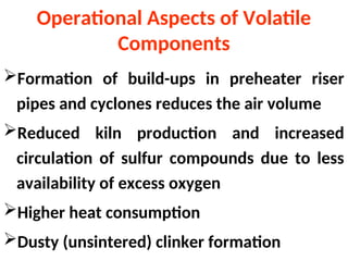 Operational Aspects of Volatile
Components
Formation of build-ups in preheater riser
pipes and cyclones reduces the air volume
Reduced kiln production and increased
circulation of sulfur compounds due to less
availability of excess oxygen
Higher heat consumption
Dusty (unsintered) clinker formation
 