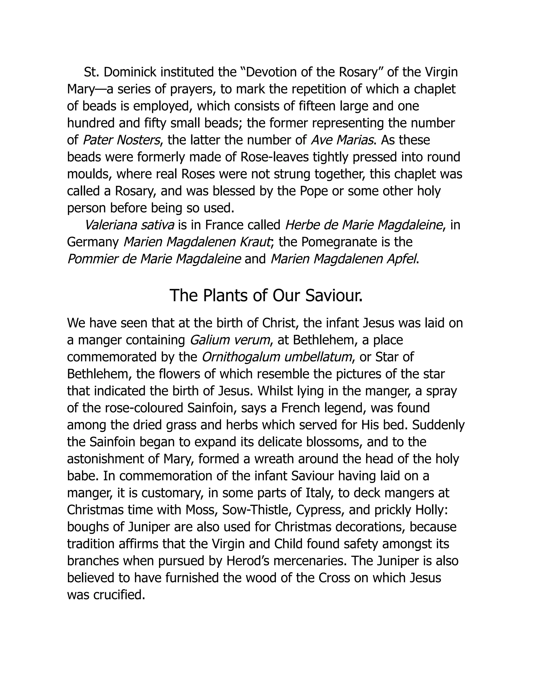 St. Dominick instituted the “Devotion of the Rosary” of the Virgin
Mary—a series of prayers, to mark the repetition of which a chaplet
of beads is employed, which consists of fifteen large and one
hundred and fifty small beads; the former representing the number
of Pater Nosters, the latter the number of Ave Marias. As these
beads were formerly made of Rose-leaves tightly pressed into round
moulds, where real Roses were not strung together, this chaplet was
called a Rosary, and was blessed by the Pope or some other holy
person before being so used.
Valeriana sativa is in France called Herbe de Marie Magdaleine, in
Germany Marien Magdalenen Kraut; the Pomegranate is the
Pommier de Marie Magdaleine and Marien Magdalenen Apfel.
The Plants of Our Saviour.
We have seen that at the birth of Christ, the infant Jesus was laid on
a manger containing Galium verum, at Bethlehem, a place
commemorated by the Ornithogalum umbellatum, or Star of
Bethlehem, the flowers of which resemble the pictures of the star
that indicated the birth of Jesus. Whilst lying in the manger, a spray
of the rose-coloured Sainfoin, says a French legend, was found
among the dried grass and herbs which served for His bed. Suddenly
the Sainfoin began to expand its delicate blossoms, and to the
astonishment of Mary, formed a wreath around the head of the holy
babe. In commemoration of the infant Saviour having laid on a
manger, it is customary, in some parts of Italy, to deck mangers at
Christmas time with Moss, Sow-Thistle, Cypress, and prickly Holly:
boughs of Juniper are also used for Christmas decorations, because
tradition affirms that the Virgin and Child found safety amongst its
branches when pursued by Herod’s mercenaries. The Juniper is also
believed to have furnished the wood of the Cross on which Jesus
was crucified.
 