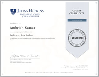 EDUCA
T
ION FOR EVE
R
YONE
CO
U
R
S
E
C E R T I F
I
C
A
TE
COURSE
CERTIFICATE
NOVEMBER 04, 2015
Ambrish Kumar
Exploratory Data Analysis
a 4 week online non-credit course authorized by Johns Hopkins University and offered through
Coursera
has successfully completed with distinction
Jeff Leek, PhD; Roger Peng, PhD; Brian Caffo, PhD
Department of Biostatistics
Johns Hopkins Bloomberg School of Public Health
Verify at coursera.org/verify/7GMD5BSGN7
Coursera has confirmed the identity of this individual and
their participation in the course.
This certificate does not confer academic credit toward a degree or official status at the Johns Hopkins University.
 