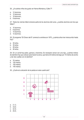 ENSAYOS SIMCE MATEMÁTICAS



26.	 ¿A cuántos niños les gusta ver Hanna Montana y Calle 7?

a.	   12 alumnos.
b.	   10 alumnos.
c.	   18 alumnos..
d.	   8 alumnos.

27.	 Todos los viernes falta la tercera parte de los alumnos del curso, ¿cuántos alumnos son los que
faltan?

a.	   10 alumnos.
b.	   8 alumnos.
c.	   14 alumnos.
d.	   12 alumnos.

28.	 El programa “El Chavo del 8” comenzó a emitirse en 1975, ¿cuántos años han transcurrido hasta
hoy?

a.	   30 años.
b.	   35 años.
c.	   28 años.
d.	   40 años.

29.	 En un corral hay patos, gansos y chanchos. Es necesario cercar con una reja, ¿cuántos metros
de alambre hay que colocar para hacer la cerca, que tiene 20 metros de largo por 15 metros de ancho
y dar dos vueltas con el alambre?

a.	   70 metros.
b.	   120 metros.
c.	   100 metros.
d.	   140 metros.

30.	 ¿Cuál es la ubicación de la pelota en esta cuadrícula?



                     5

                     4

                     3

                     2

                     1


                             1     2     3     4         5    6   7


a.	   (1,1).
b.	   (3,2).
c.	   (2,3).
d.	   (5,4).


                                                   125
 