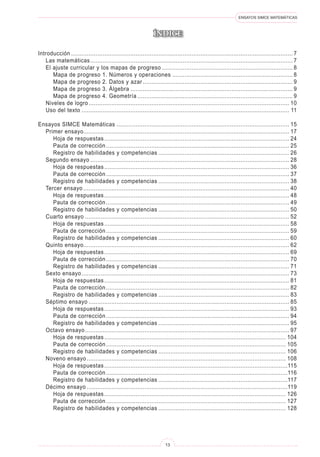 ENSAYOS SIMCE MATEMÁTICAS



                                                               ÍNDICE

Introducción................................................................................................................................ 7
	 Las matemáticas.. ................................................................................................................... 7
	 El ajuste curricular y los mapas de progreso............................................................................ 8
		 Mapa de progreso 1. Números y operaciones...................................................................... 8
		 Mapa de progreso 2. Datos y azar....................................................................................... 9
		 Mapa de progreso 3. Álgebra.............................................................................................. 9
		 Mapa de progreso 4. Geometría.......................................................................................... 9
	 Niveles de logro.. .................................................................................................................. 10
	 Uso del texto........................................................................................................................ 11

Ensayos SIMCE Matemáticas.................................................................................................... 15
	 Primer ensayo...................................................................................................................... 17
		 Hoja de respuestas........................................................................................................... 24
		 Pauta de corrección.......................................................................................................... 25
		 Registro de habilidades y competencias............................................................................ 26
	 Segundo ensayo................................................................................................................... 28
		 Hoja de respuestas........................................................................................................... 36
		 Pauta de corrección.......................................................................................................... 37
		 Registro de habilidades y competencias............................................................................ 38
	 Tercer ensayo....................................................................................................................... 40
		 Hoja de respuestas........................................................................................................... 48
		 Pauta de corrección.......................................................................................................... 49
		 Registro de habilidades y competencias............................................................................ 50
	 Cuarto ensayo...................................................................................................................... 52
		 Hoja de respuestas........................................................................................................... 58
		 Pauta de corrección.......................................................................................................... 59
		 Registro de habilidades y competencias............................................................................ 60
	 Quinto ensayo...................................................................................................................... 62
		 Hoja de respuestas........................................................................................................... 69
		 Pauta de corrección.......................................................................................................... 70
		 Registro de habilidades y competencias............................................................................ 71
	 Sexto ensayo.. ...................................................................................................................... 73
		 Hoja de respuestas........................................................................................................... 81
		 Pauta de corrección.......................................................................................................... 82
		 Registro de habilidades y competencias............................................................................ 83
	 Séptimo ensayo.................................................................................................................... 85
		 Hoja de respuestas........................................................................................................... 93
		 Pauta de corrección.......................................................................................................... 94
		 Registro de habilidades y competencias............................................................................ 95
	 Octavo ensayo.. .................................................................................................................... 97
		 Hoja de respuestas......................................................................................................... 104
		 Pauta de corrección........................................................................................................ 105
		 Registro de habilidades y competencias.......................................................................... 106
	 Noveno ensayo................................................................................................................... 108
		 Hoja de respuestas..........................................................................................................115
		 Pauta de corrección.........................................................................................................116
		 Registro de habilidades y competencias...........................................................................117
	 Décimo ensayo....................................................................................................................119
		 Hoja de respuestas......................................................................................................... 126
		 Pauta de corrección........................................................................................................ 127
		 Registro de habilidades y competencias.......................................................................... 128




                                                                     13
 