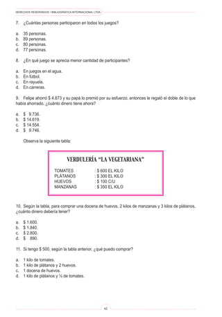 DERECHOS RESERVADOS • BIBLIOGRÁFICA INTERNACIONAL LTDA.



7.	 ¿Cuántas personas participaron en todos los juegos?

a.	   35 personas.
b.	   89 personas.
c.	   80 personas.
d.	   77 personas.

8.	 ¿En qué juego se aprecia menor cantidad de participantes?

a.	   En juegos en el agua.
b.	   En fútbol.
c.	   En rayuela.
d.	   En carreras.

9.	 Felipe ahorró $ 4.873 y su papá lo premió por su esfuerzo, entonces le regaló el doble de lo que
había ahorrado, ¿cuánto dinero tiene ahora?

a.	   $ 9.736.
b.	   $ 14.619.
c.	   $ 14.554.
d.	   $ 9.746.

	     Observa la siguiente tabla:



                                 VERDULERÍA “LA VEGETARIANA”

                        TOMATES		                 : $ 600 EL KILO
                        PLÁTANOS		                : $ 300 EL KILO
                        HUEVOS		                  : $ 100 C/U
                        MANZANAS		                : $ 350 EL KILO



10.	 Según la tabla, para comprar una docena de huevos, 2 kilos de manzanas y 3 kilos de plátanos,
¿cuánto dinero debería tener?

a.	   $ 1.600.
b.	   $ 1.840.
c.	   $ 2.800.
d.	   $ 890.

11.	 Si tengo $ 500, según la tabla anterior, ¿qué puedo comprar?

a.	   1 kilo de tomates.
b.	   1 kilo de plátanos y 2 huevos.
c.	   1 docena de huevos.
d.	   1 kilo de plátanos y ½ de tomates.




                                                          42
 