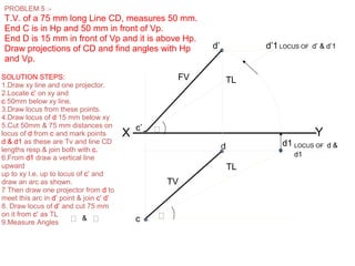 X Yc’
c
LOCUS OF d &
d1
d d1
d’ d’1
TV
FV
TL
TL


LOCUS OF d’ & d’1
PROBLEM 5 :-
T.V. of a 75 mm long Line CD, measures 50 mm.
End C is in Hp and 50 mm in front of Vp.
End D is 15 mm in front of Vp and it is above Hp.
Draw projections of CD and find angles with Hp
and Vp.
SOLUTION STEPS:
1.Draw xy line and one projector.
2.Locate c’ on xy and
c 50mm below xy line.
3.Draw locus from these points.
4.Draw locus of d 15 mm below xy
5.Cut 50mm & 75 mm distances on
locus of d from c and mark points
d & d1 as these are Tv and line CD
lengths resp.& join both with c.
6.From d1 draw a vertical line
upward
up to xy I.e. up to locus of c’ and
draw an arc as shown.
7 Then draw one projector from d to
meet this arc in d’ point & join c’ d’
8. Draw locus of d’ and cut 75 mm
on it from c’ as TL
9.Measure Angles  &
 
