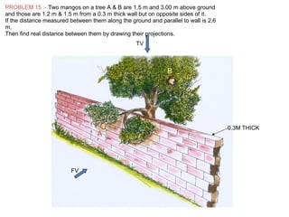 PROBLEM 15 :- Two mangos on a tree A & B are 1.5 m and 3.00 m above ground
and those are 1.2 m & 1.5 m from a 0.3 m thick wall but on opposite sides of it.
If the distance measured between them along the ground and parallel to wall is 2.6
m,
Then find real distance between them by drawing their projections.
FV
TV
A
B
0.3M THICK
 