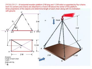 FV
2 M 1.5 M
5 M
A
B
C
D
Hook
TV
PROBLEM 21:- A horizontal wooden platform 2 M long and 1.5 M wide is supported by four chains
from it’s corners and chains are attached to a hook 5 M above the center of the platform.
Draw projections of the objects and determine length of each chain along with it’s inclination
with ground.
H
(GL)
a b
cd
h
a’d’ b’c’
h’
5 M
2 M
1.5 M
x y
TL
d’1
Answers:
Length of each chain
= a’d’1
Angle with Hp.
=
 