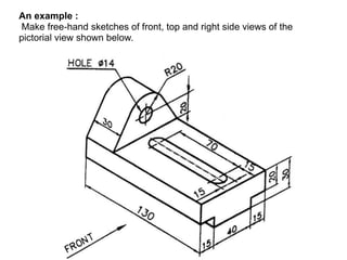 An example :
Make free-hand sketches of front, top and right side views of the
pictorial view shown below.
 