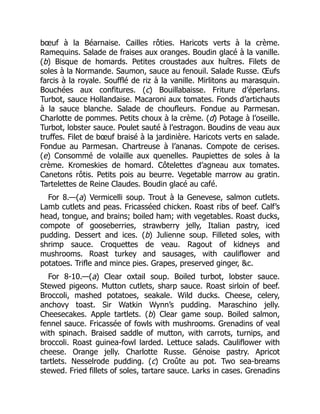bœuf à la Béarnaise. Cailles rôties. Haricots verts à la crème.
Ramequins. Salade de fraises aux oranges. Boudin glacé à la vanille.
(b) Bisque de homards. Petites croustades aux huîtres. Filets de
soles à la Normande. Saumon, sauce au fenouil. Salade Russe. Œufs
farcis à la royale. Soufflé de riz à la vanille. Mirlitons au marasquin.
Bouchées aux confitures. (c) Bouillabaisse. Friture d’éperlans.
Turbot, sauce Hollandaise. Macaroni aux tomates. Fonds d’artichauts
à la sauce blanche. Salade de choufleurs. Fondue au Parmesan.
Charlotte de pommes. Petits choux à la crème. (d) Potage à l’oseille.
Turbot, lobster sauce. Poulet sauté à l’estragon. Boudins de veau aux
truffes. Filet de bœuf braisé à la jardinière. Haricots verts en salade.
Fondue au Parmesan. Chartreuse à l’ananas. Compote de cerises.
(e) Consommé de volaille aux quenelles. Paupiettes de soles à la
crème. Kromeskies de homard. Côtelettes d’agneau aux tomates.
Canetons rôtis. Petits pois au beurre. Vegetable marrow au gratin.
Tartelettes de Reine Claudes. Boudin glacé au café.
For 8.—(a) Vermicelli soup. Trout à la Genevese, salmon cutlets.
Lamb cutlets and peas. Fricasséed chicken. Roast ribs of beef. Calf’s
head, tongue, and brains; boiled ham; with vegetables. Roast ducks,
compote of gooseberries, strawberry jelly, Italian pastry, iced
pudding. Dessert and ices. (b) Julienne soup. Filleted soles, with
shrimp sauce. Croquettes de veau. Ragout of kidneys and
mushrooms. Roast turkey and sausages, with cauliflower and
potatoes. Trifle and mince pies. Grapes, preserved ginger, &c.
For 8-10.—(a) Clear oxtail soup. Boiled turbot, lobster sauce.
Stewed pigeons. Mutton cutlets, sharp sauce. Roast sirloin of beef.
Broccoli, mashed potatoes, seakale. Wild ducks. Cheese, celery,
anchovy toast. Sir Watkin Wynn’s pudding. Maraschino jelly.
Cheesecakes. Apple tartlets. (b) Clear game soup. Boiled salmon,
fennel sauce. Fricassée of fowls with mushrooms. Grenadins of veal
with spinach. Braised saddle of mutton, with carrots, turnips, and
broccoli. Roast guinea-fowl larded. Lettuce salads. Cauliflower with
cheese. Orange jelly. Charlotte Russe. Génoise pastry. Apricot
tartlets. Nesselrode pudding. (c) Croûte au pot. Two sea-breams
stewed. Fried fillets of soles, tartare sauce. Larks in cases. Grenadins
 