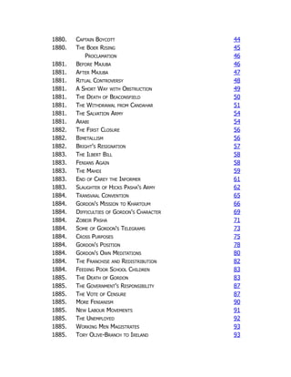 1880. Captain Boycott 44
1880. The Boer Rising 45
Proclamation 46
1881. Before Majuba 46
1881. After Majuba 47
1881. Ritual Controversy 48
1881. A Short Way with Obstruction 49
1881. The Death of Beaconsfield 50
1881. The Withdrawal from Candahar 51
1881. The Salvation Army 54
1881. Arabi 54
1882. The First Closure 56
1882. Bimetallism 56
1882. Bright's Resignation 57
1883. The Ilbert Bill 58
1883. Fenians Again 58
1883. The Mahdi 59
1883. End of Carey the Informer 61
1883. Slaughter of Hicks Pasha's Army 62
1884. Transvaal Convention 65
1884. Gordon's Mission to Khartoum 66
1884. Difficulties of Gordon's Character 69
1884. Zobeir Pasha 71
1884. Some of Gordon's Telegrams 73
1884. Cross Purposes 75
1884. Gordon's Position 78
1884. Gordon's Own Meditations 80
1884. The Franchise and Redistribution 82
1884. Feeding Poor School Children 83
1885. The Death of Gordon 83
1885. The Government's Responsibility 87
1885. The Vote of Censure 87
1885. More Fenianism 90
1885. New Labour Movements 91
1885. The Unemployed 92
1885. Working Men Magistrates 93
1885. Tory Olive-Branch to Ireland 93
 