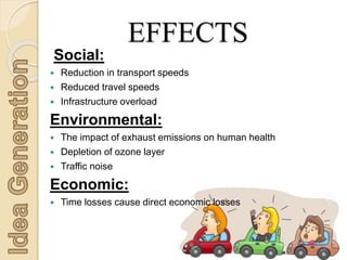 Social:
 Reduction in transport speeds
 Reduced travel speeds
 Infrastructure overload
Environmental:
 The impact of exhaust emissions on human health
 Depletion of ozone layer
 Traffic noise
Economic:
 Time losses cause direct economic losses
EFFECTS
 