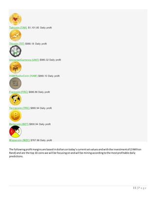 11 | P a g e
Takcoin (TAK) $1,101.85 Daily profit
Titcoin (TIT) $988.18 Daily profit
UniversalCurrency (UNIT) $980.32 Daily profit
HAMRadioCoin (HAM) $889.10 Daily profit
Freicoin (FRC) $886.86 Daily profit
Terracoin (TRC) $880.94 Daily profit
Betacoin (BET) $800.94 Daily profit
Mazacoin (MZC) $767.96 Daily profit
The followingprofitmarginsare basedindollarsontoday’scurrentsetvaluesandwiththe investmentof (3Million
Rand) and are the top 10 coinswe will be focusingonandwill be miningaccordingtothe mostprofitable daily
predictions.
 