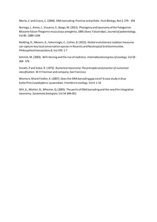 Moritz,C andCicero,C. (2004). DNA barcoding:Promise andpitfalls. PLoSBiology, Nol 2:279 - 354
Noriega,J.,Areta,J.,Vizcaino,S.,Bargo,M. (2011). Phylogenyandtaxonomyof the Patagonian
Miocene falconThegornismusculosusameghino,1895 (Aves:Falconidae). Journalof paleontology,
Vol 85 :1089-1104
Redding,D., Mooers,A.,Sekercioglu,C.,Collen,B.(2015). Global evolutionaryisolationmeasures
can capture keylocal conservationspeciesinNearcticandNeotropical birdbommunites.
PhilosophicaltransactionsB,Vol 370: 1-7
Schmitt,M. (2003). Willi Hennigandthe rise of cladistics. Internationalcongressof zoology, Vol18 :
369- 379
Sneath,Pand Sokal,R. (1973). Numerical taxonomy:Theprinciplesand practice of numerical
classification. W.H Freemanandcompany,SanFrancisco
Wiemers,Mand Fiedler,K.(2007).Does the DNA barcodinggap exist?A case studyinblue
butterflies(Lepidoptera:Lycaenidae). Frontiersin zoology, Vol 4:1-16
Will,K.,Mishler,B.,Wheeler,Q.(2005). The perilsof DNA barcodingand the needforintegrative
taxonomy. Systematicbiologists,Vol 54:844-851
 