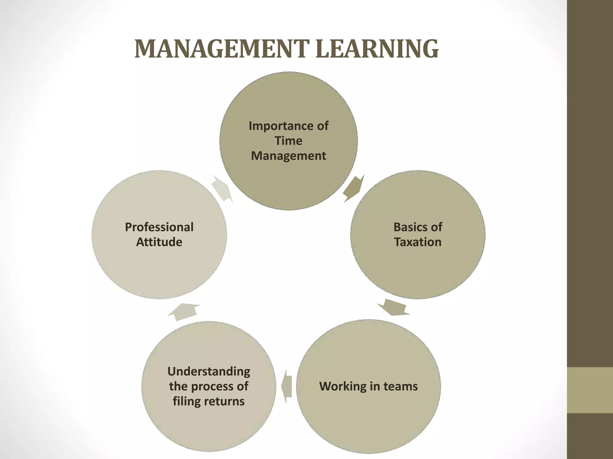 MANAGEMENT LEARNING
Importance of
Time
Management
Basics of
Taxation
Working in teams
Understanding
the process of
filing returns
Professional
Attitude
 