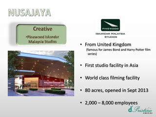 • From United Kingdom
(famous for James Bond and Harry Potter film
series)
• First studio facility in Asia
• World class filming facility
• 80 acres, opened in Sept 2013
• 2,000 – 8,000 employees
 