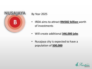 By Year 2025
• IRDA aims to attract RM382 billion worth
of investments
• Will create additional 346,000 jobs
• Nusajaya city is expected to have a
population of 500,000
 