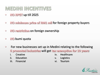 up till 2025
for foreign property buyers
on foreign ownership
bumi quota
For new businesses set up in Medini relating to the following
will get :
i. Creative
ii. Education
iii. Financial
iv. Healthcare
v. Logistics
vi. Tourism
 
