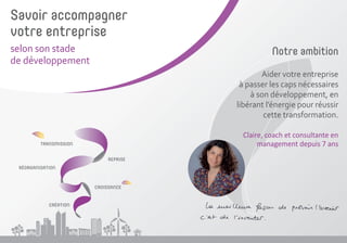 CRÉATION
CROISSANCE
RÉORGANISATION
REPRISE
TRANSMISSION
Notre ambition
Aider votre entreprise
à passer les caps nécessaires
à son développement, en
libérant l’énergie pour réussir
cette transformation.
Claire, coach et consultante en
management depuis 7 ans
Savoir accompagner
votre entreprise
selon son stade
de développement
 