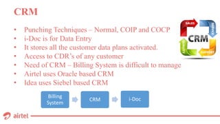 CRM
• Punching Techniques – Normal, COIP and COCP
• i-Doc is for Data Entry
• It stores all the customer data plans activated.
• Access to CDR’s of any customer
• Need of CRM – Billing System is difficult to manage
• Airtel uses Oracle based CRM
• Idea uses Siebel based CRM
Billing
System
CRM i-Doc
 