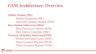 GSM Architecture- Overview
Mobile Station (MS)
Mobile Equipment (ME)
Subscriber Identity Module (SIM)
Base Station Subsystem (BSS)
Base Transceiver Station (BTS)
Base Station Controller (BSC)
Network Switching Subsystem(NSS)
Mobile Switching Center (MSC)
Home Location Register (HLR)
Visitor Location Register (VLR)
 