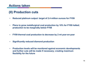 14
(II) Production cuts
• Reduced platinum output: target of 2.4 million ounces for FY09
• Plans to grow metallurgical coal production by 10% for FY09 halted;
production to be marginally below FY08
• FY09 thermal coal production to decrease by 2 mt year-on-year
• Significantly reduced diamond production
• Production levels will be monitored against economic developments
and further cuts will be made if necessary; creating maximum
flexibility for the future
Actions taken
 