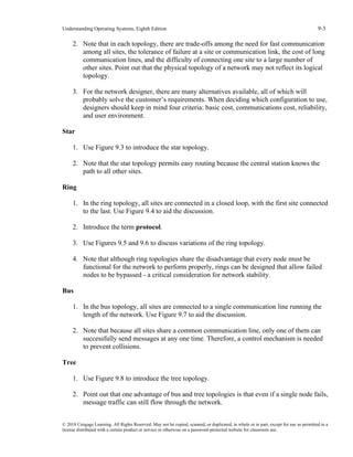 Understanding Operating Systems, Eighth Edition 9-3
© 2018 Cengage Learning. All Rights Reserved. May not be copied, scanned, or duplicated, in whole or in part, except for use as permitted in a
license distributed with a certain product or service or otherwise on a password-protected website for classroom use.
2. Note that in each topology, there are trade-offs among the need for fast communication
among all sites, the tolerance of failure at a site or communication link, the cost of long
communication lines, and the difficulty of connecting one site to a large number of
other sites. Point out that the physical topology of a network may not reflect its logical
topology.
3. For the network designer, there are many alternatives available, all of which will
probably solve the customer’s requirements. When deciding which configuration to use,
designers should keep in mind four criteria: basic cost, communications cost, reliability,
and user environment.
Star
1. Use Figure 9.3 to introduce the star topology.
2. Note that the star topology permits easy routing because the central station knows the
path to all other sites.
Ring
1. In the ring topology, all sites are connected in a closed loop, with the first site connected
to the last. Use Figure 9.4 to aid the discussion.
2. Introduce the term protocol.
3. Use Figures 9.5 and 9.6 to discuss variations of the ring topology.
4. Note that although ring topologies share the disadvantage that every node must be
functional for the network to perform properly, rings can be designed that allow failed
nodes to be bypassed - a critical consideration for network stability.
Bus
1. In the bus topology, all sites are connected to a single communication line running the
length of the network. Use Figure 9.7 to aid the discussion.
2. Note that because all sites share a common communication line, only one of them can
successfully send messages at any one time. Therefore, a control mechanism is needed
to prevent collisions.
Tree
1. Use Figure 9.8 to introduce the tree topology.
2. Point out that one advantage of bus and tree topologies is that even if a single node fails,
message traffic can still flow through the network.
 